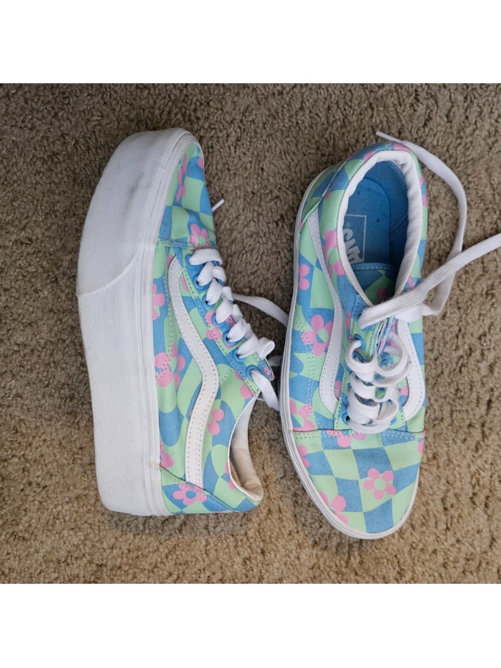 Vans Checkerboard Pastel Floral Sneakers - Blue, Green, Pink, White